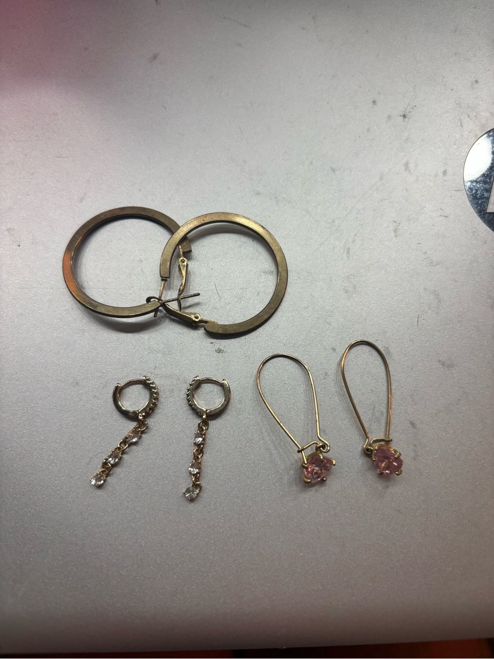 Gold Tone Hoop and Dangle Earring Set with Pink Gem Drops